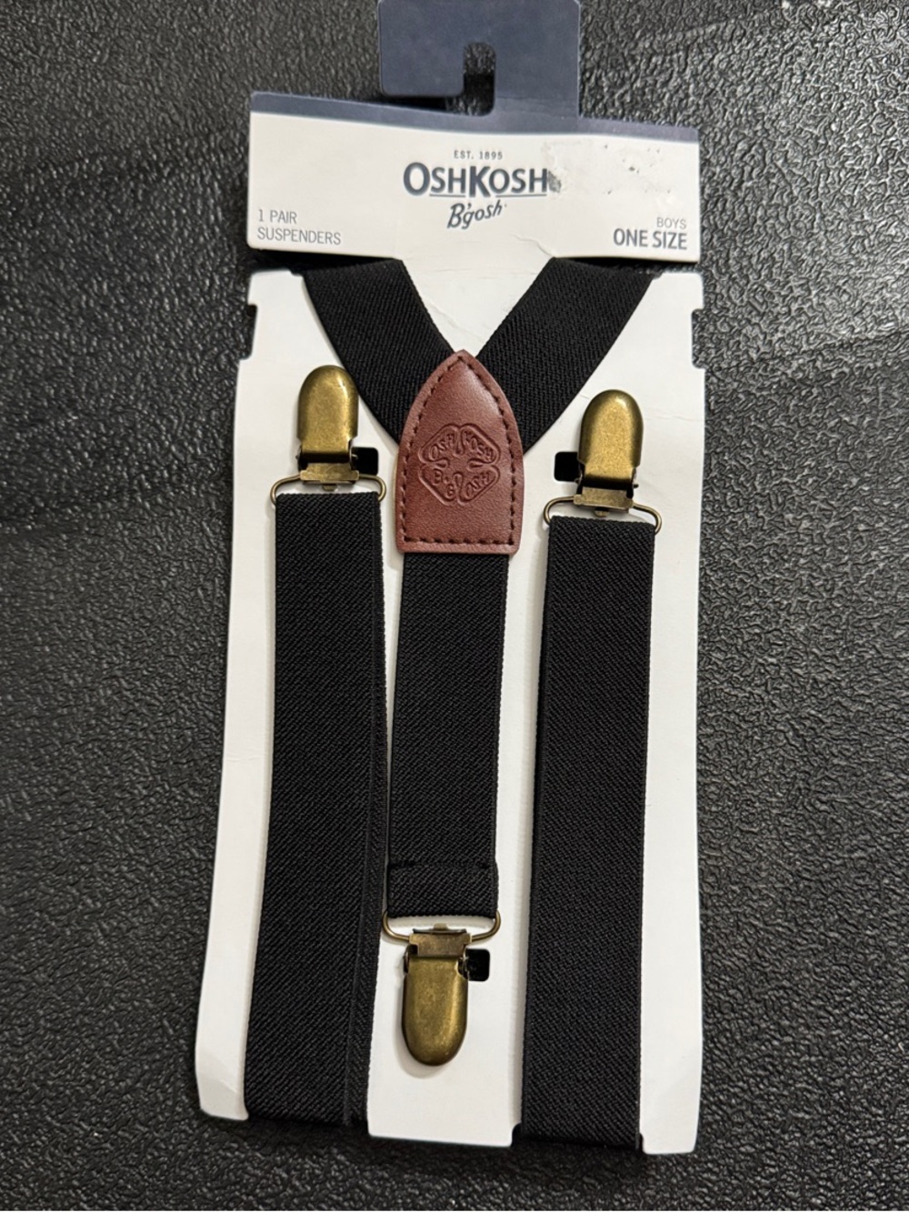 OshKosh B'gosh Black Suspenders with Brown Leather Accent and Brass Clips